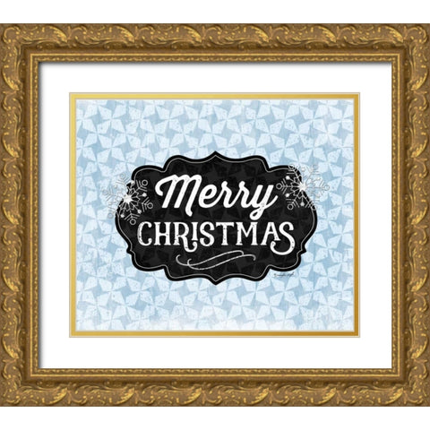 Merry Christmas Blue Gold Ornate Wood Framed Art Print with Double Matting by Pugh, Jennifer