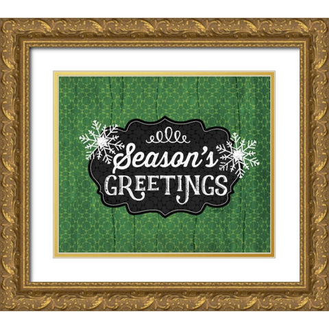 Seasons Greetings - Green Gold Ornate Wood Framed Art Print with Double Matting by Pugh, Jennifer