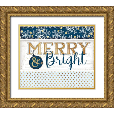 Merry and Bright Blue Gold Ornate Wood Framed Art Print with Double Matting by Pugh, Jennifer