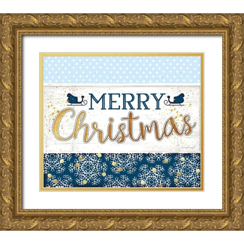 Merry Christmas Blue Gold Ornate Wood Framed Art Print with Double Matting by Pugh, Jennifer