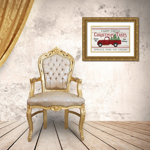 Vintage Truck Farm Christmas Trees Gold Ornate Wood Framed Art Print with Double Matting by Pugh, Jennifer