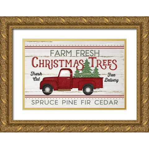 Vintage Truck Farm Christmas Trees Gold Ornate Wood Framed Art Print with Double Matting by Pugh, Jennifer