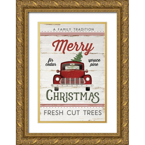 Vintage Truck Merry Christmas Gold Ornate Wood Framed Art Print with Double Matting by Pugh, Jennifer