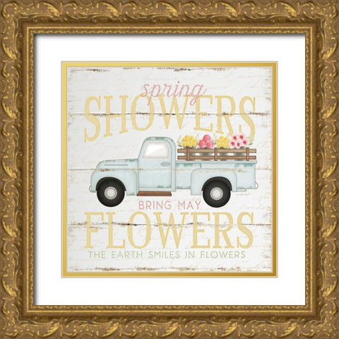 Spring Showers Truck Gold Ornate Wood Framed Art Print with Double Matting by Pugh, Jennifer