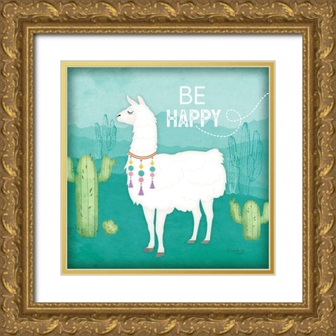 Be Happy Llama Gold Ornate Wood Framed Art Print with Double Matting by Pugh, Jennifer