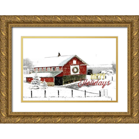 Happy Holidays Barn Gold Ornate Wood Framed Art Print with Double Matting by Pugh, Jennifer