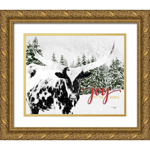 Joy to the World Longhorn Gold Ornate Wood Framed Art Print with Double Matting by Pugh, Jennifer