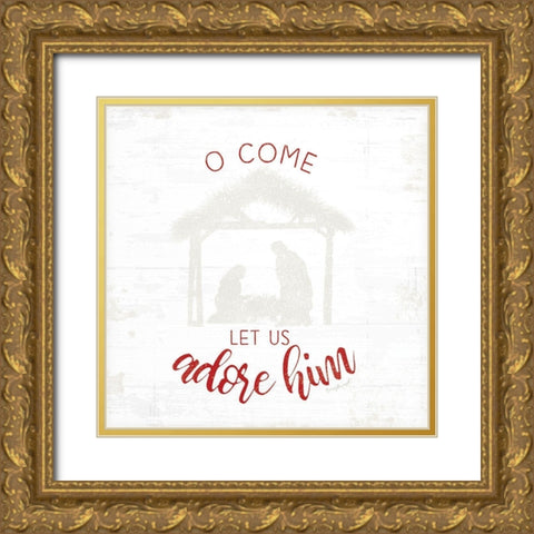 O Come Let Us Adore Him - Red Gold Ornate Wood Framed Art Print with Double Matting by Pugh, Jennifer