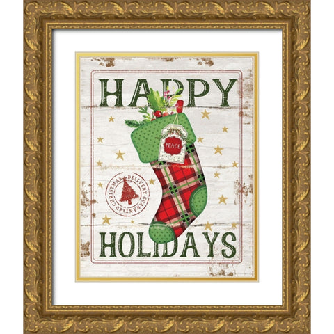 Happy Holidays Stocking Gold Ornate Wood Framed Art Print with Double Matting by Pugh, Jennifer