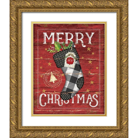 Merry Christmas Stocking Gold Ornate Wood Framed Art Print with Double Matting by Pugh, Jennifer