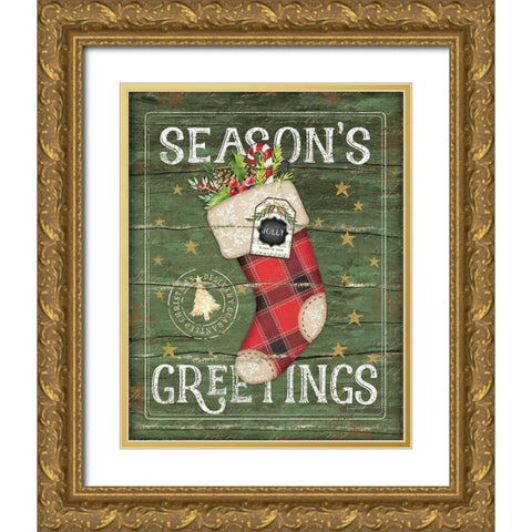 Seasons Greetings Stocking Gold Ornate Wood Framed Art Print with Double Matting by Pugh, Jennifer