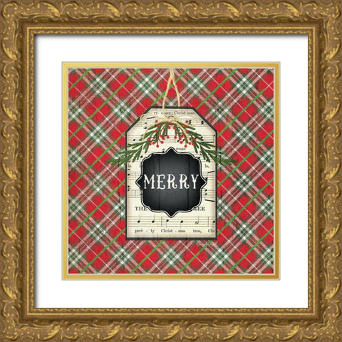 Merry Christmas Plaid Gold Ornate Wood Framed Art Print with Double Matting by Pugh, Jennifer