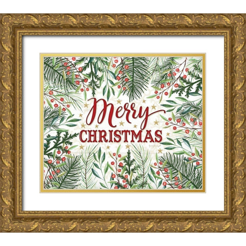 Merry Christmas Gold Ornate Wood Framed Art Print with Double Matting by Pugh, Jennifer