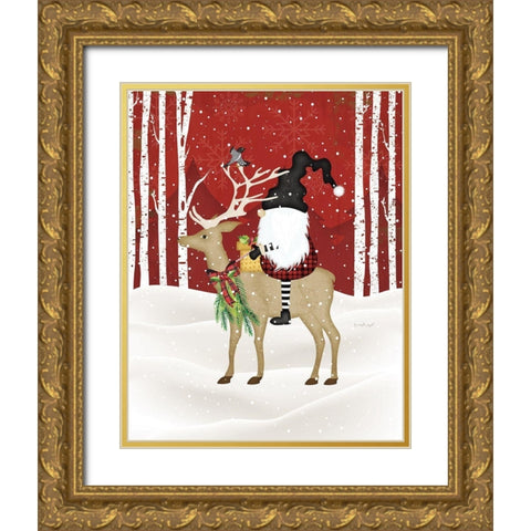Gnome Riding Deer Gold Ornate Wood Framed Art Print with Double Matting by Pugh, Jennifer