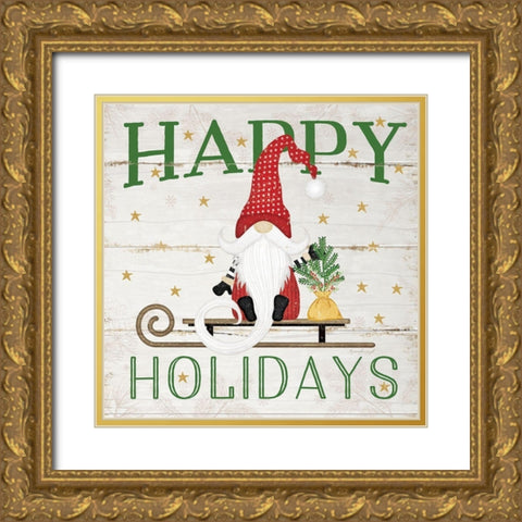 Happy Holidays Gnome Gold Ornate Wood Framed Art Print with Double Matting by Pugh, Jennifer