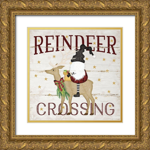 Gnome Reindeer Crossing Gold Ornate Wood Framed Art Print with Double Matting by Pugh, Jennifer