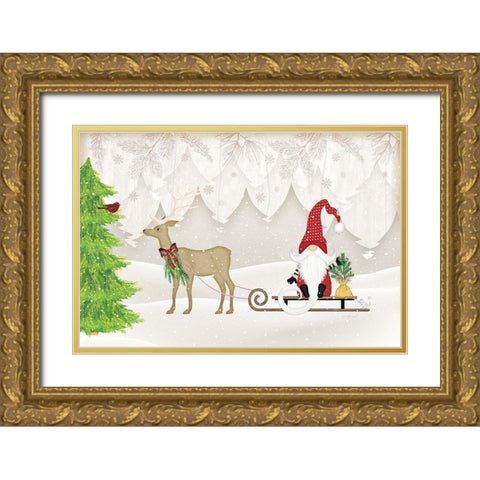 Gnome Sled Gold Ornate Wood Framed Art Print with Double Matting by Pugh, Jennifer