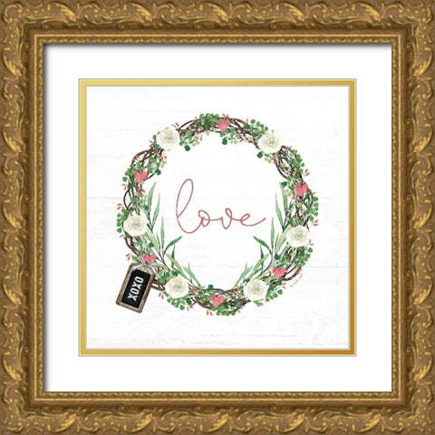 Pink Love Wreath Gold Ornate Wood Framed Art Print with Double Matting by Pugh, Jennifer