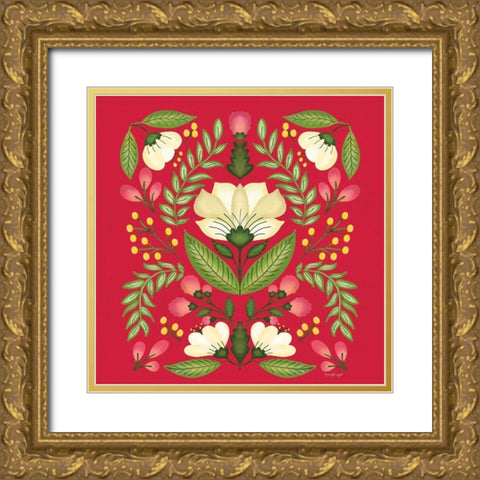 Folk Floral in Red Gold Ornate Wood Framed Art Print with Double Matting by Pugh, Jennifer