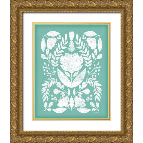 Folk Floral in Blue Gold Ornate Wood Framed Art Print with Double Matting by Pugh, Jennifer