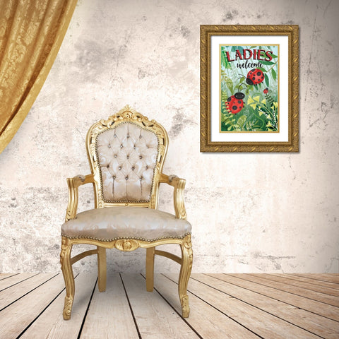 Welcome Ladybugs Gold Ornate Wood Framed Art Print with Double Matting by Pugh, Jennifer
