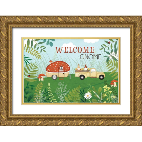 Welcome Gnome Gold Ornate Wood Framed Art Print with Double Matting by Pugh, Jennifer