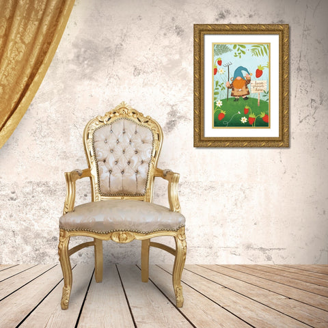 Gnome Berries Gold Ornate Wood Framed Art Print with Double Matting by Pugh, Jennifer