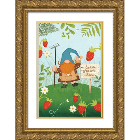 Gnome Berries Gold Ornate Wood Framed Art Print with Double Matting by Pugh, Jennifer