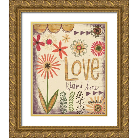 Love Blooms Here Gold Ornate Wood Framed Art Print with Double Matting by Doucette, Katie