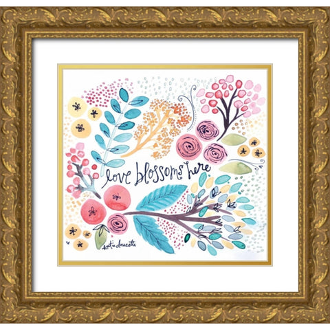 Love Blossoms Here Gold Ornate Wood Framed Art Print with Double Matting by Doucette, Katie
