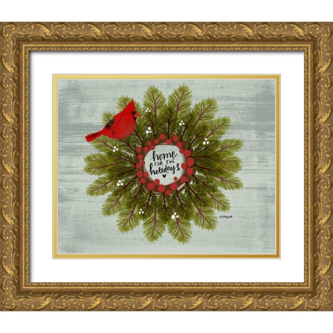 Cardinal Wreath Gold Ornate Wood Framed Art Print with Double Matting by Doucette, Katie