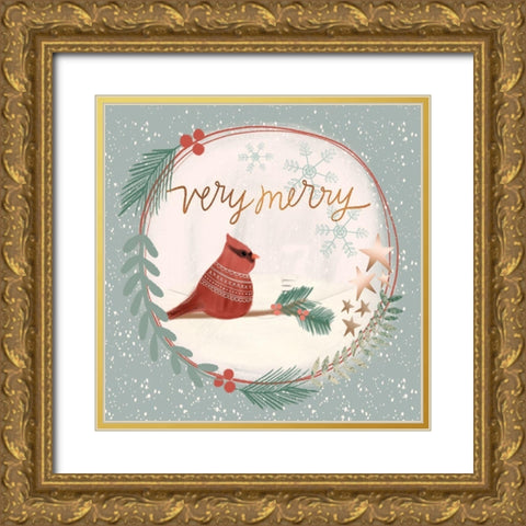 Very Merry Cardinal Snow Glove Gold Ornate Wood Framed Art Print with Double Matting by Doucette, Katie