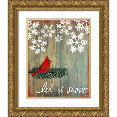 Let It Snow Cardinal Gold Ornate Wood Framed Art Print with Double Matting by Doucette, Katie