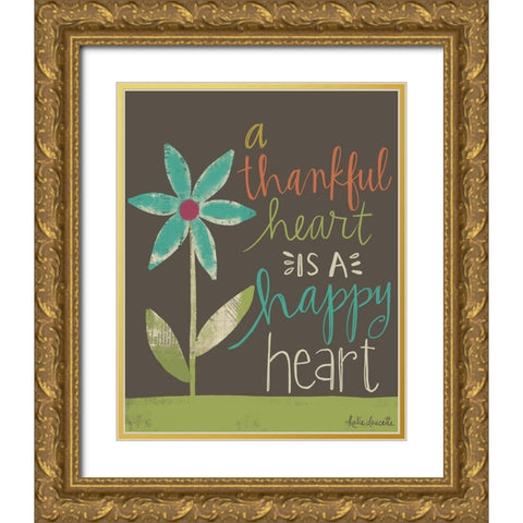 Thankful Happy Heart Gold Ornate Wood Framed Art Print with Double Matting by Doucette, Katie