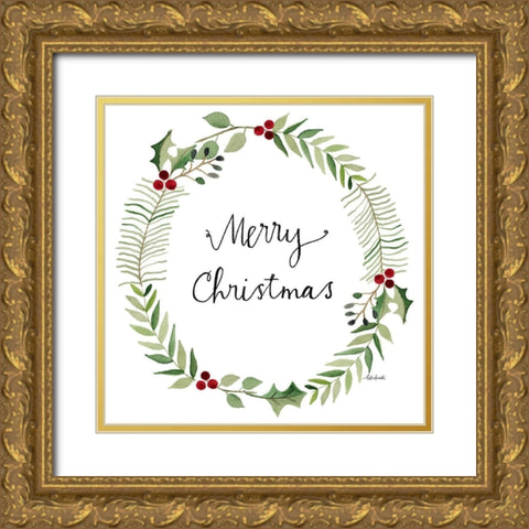 Merry Christmas Wreath Gold Ornate Wood Framed Art Print with Double Matting by Doucette, Katie