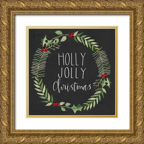 Holly Jolly Wreath Gold Ornate Wood Framed Art Print with Double Matting by Doucette, Katie