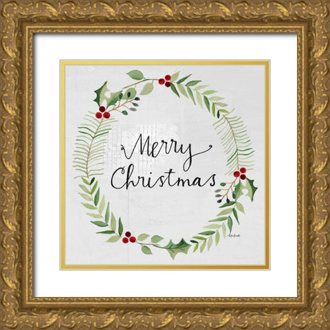 Merry Christmas Wreath Gold Ornate Wood Framed Art Print with Double Matting by Doucette, Katie