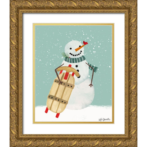 Snowman and Sled Gold Ornate Wood Framed Art Print with Double Matting by Doucette, Katie