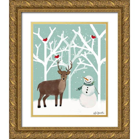 Snowman and Deer Gold Ornate Wood Framed Art Print with Double Matting by Doucette, Katie