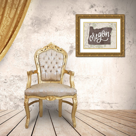 Oregon Map Gold Ornate Wood Framed Art Print with Double Matting by Brown, Kyra
