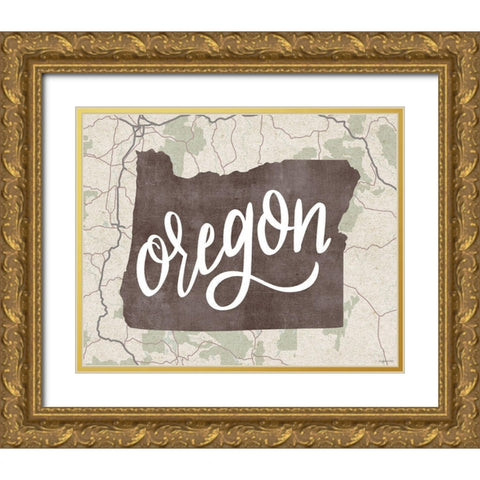 Oregon Map Gold Ornate Wood Framed Art Print with Double Matting by Brown, Kyra