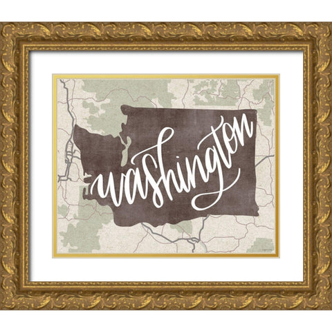 Washington Map Gold Ornate Wood Framed Art Print with Double Matting by Brown, Kyra
