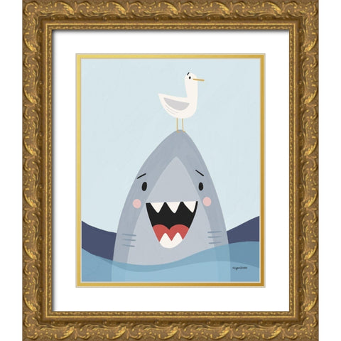 Happy Shark Gold Ornate Wood Framed Art Print with Double Matting by Brown, Kyra