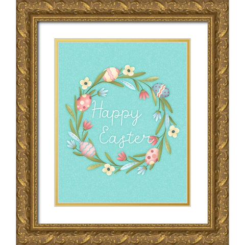 Happy Easter Wreath Gold Ornate Wood Framed Art Print with Double Matting by Blue, Nina