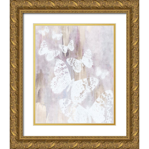 Bright White Butterflies Gold Ornate Wood Framed Art Print with Double Matting by Blue, Nina