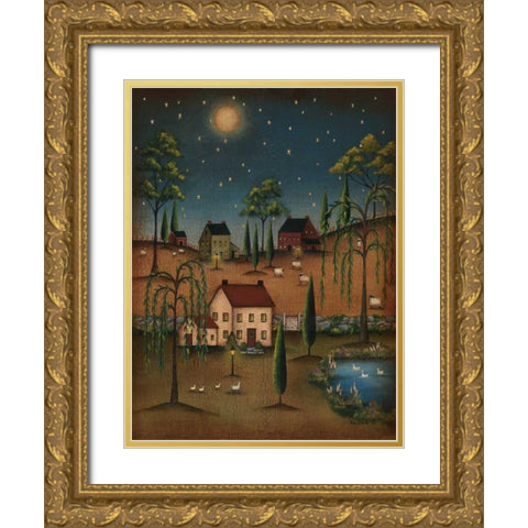 Village Full Moon Gold Ornate Wood Framed Art Print with Double Matting by Lewis, Kim
