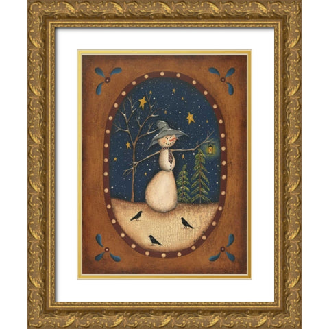Snowman Lantern Gold Ornate Wood Framed Art Print with Double Matting by Lewis, Kim