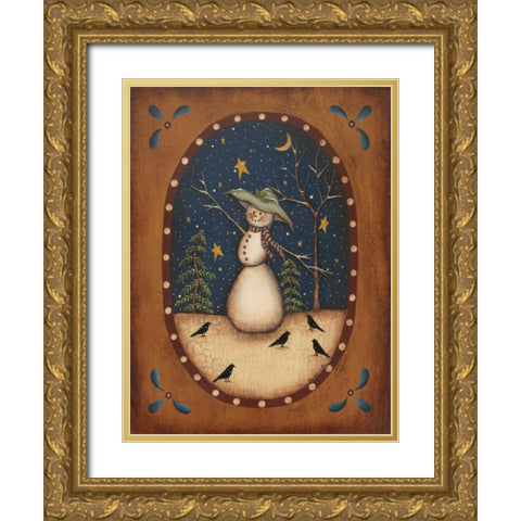 Snowman with Crow Gold Ornate Wood Framed Art Print with Double Matting by Lewis, Kim
