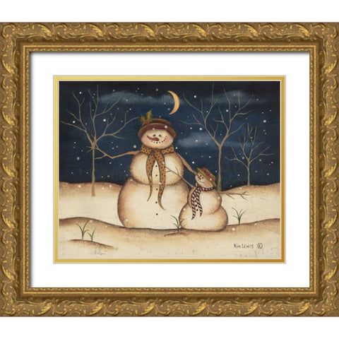 Three Snowmen Gold Ornate Wood Framed Art Print with Double Matting by Lewis, Kim