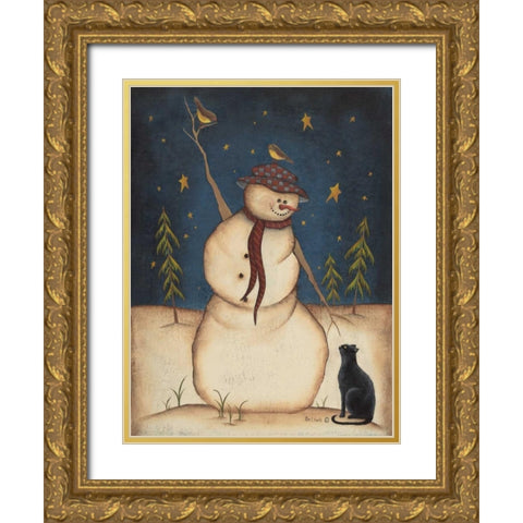 Snowman with Black Cat Gold Ornate Wood Framed Art Print with Double Matting by Lewis, Kim